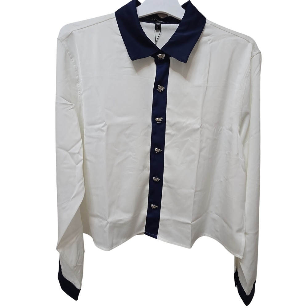 Express Cropped Button Down Shirt L White Navy Contrast Satin NWT📝 eBay...‎